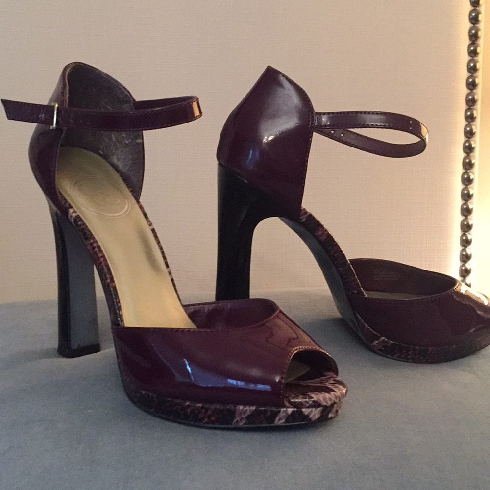 Purple patent and snakeskin heels with ankle strap